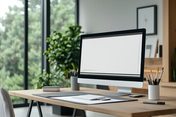 Fototapeta premium Modern Interior Workspace with Digital Art Elements and Greenery