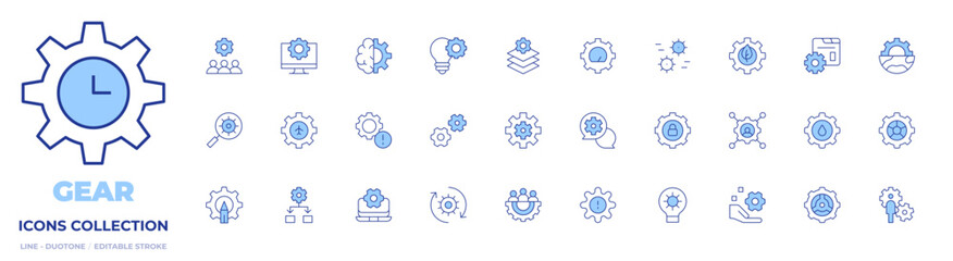 Gear icons collection. Line Duotone style, editable stroke. settings, gear, framework, machine learning, warning, software, exchange, gears, team management
