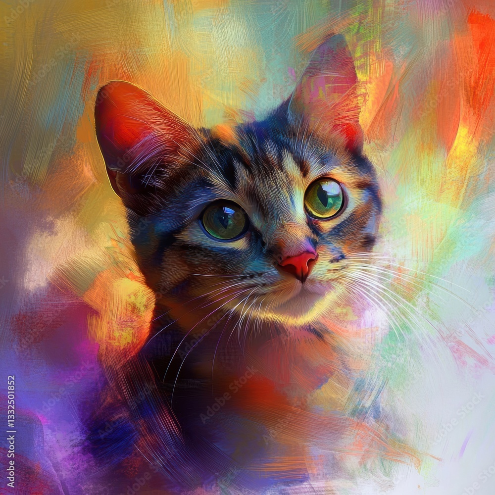 Poster colorful portrait of a tabby cat surrounded by vibrant abstract patterns and hues