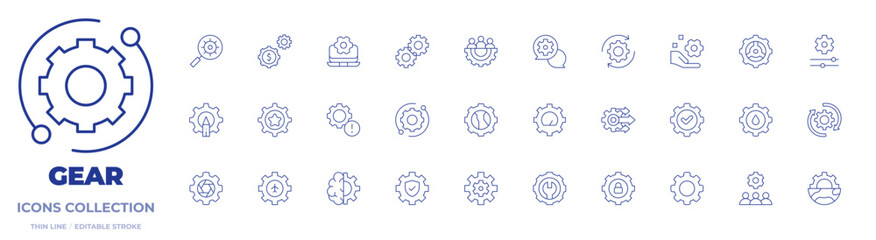 Gear icons collection. Thin Line icons, editable stroke. gear, settings, setting, progressive, machine learning, warning, software, cogwheels, gears, chat