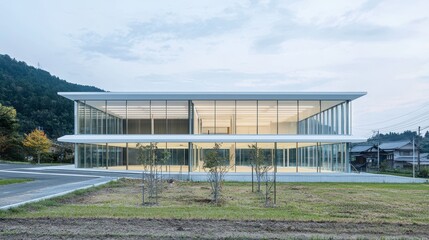 Obraz premium A modern glass building with a minimalist design, surrounded by nature, showcasing a blend of architecture and landscape.