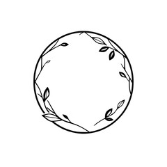 Minimalist Circular Frame of Delicate Branches and Leaves, Black Outlined on White Background.
