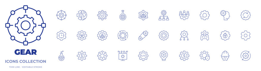 Gear icons collection. Thin Line icons, editable stroke. time management, gear, test tubes, internet, team, secure, bioengineering, api, cogwheels, labor