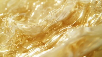 Golden Liquid Abstract Swirl: A Close-Up Macro Photograph of a Viscous, Amber-Colored Fluid in Motion, Showing Its Textural Details and Light Reflections.