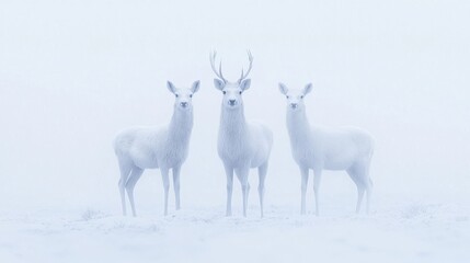 Obraz premium Three white deer in a misty landscape.