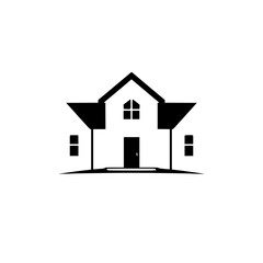 Minimalist Black and White House Icon, featuring symmetrical design, doors, windows, and sloped roof, placed in a field of white