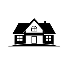 Stylized Black and White Illustration of a Traditional House with Gable Roof, Arched Window, and Minimalist Design on White Background.