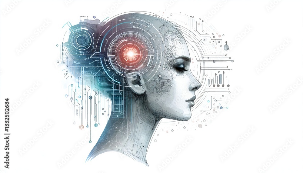 Poster futuristic close-up of a woman's profile with digital interface and neon visuals illustrating artifi