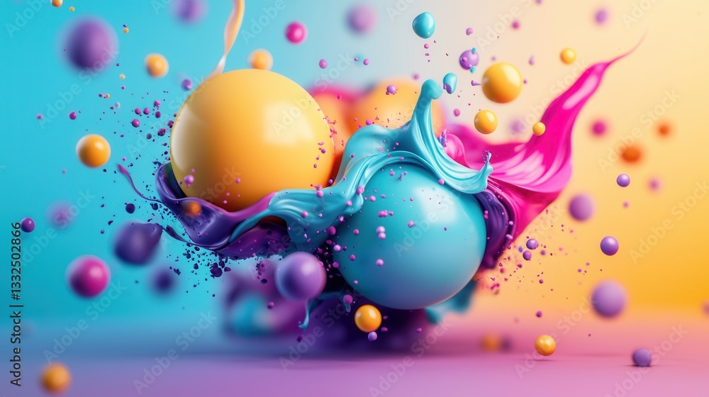 Poster vibrant and captivating surreal 3d render featuring a dynamic explosion of colorful balls spheres an