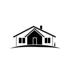 Simplified Black and White Home Illustration: A Minimalist House Logo on a Soft Landscape Suggestion, with a Chimney and Windows.