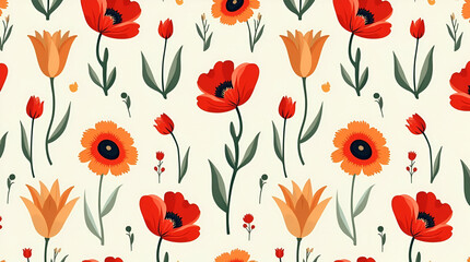 Fototapeta premium Bold Retro Spring Flower Seamless Pattern: Eye-Catching Poppies and Tulips for Unique Home Accents - Cute Vector Illustration for Stylish Decor