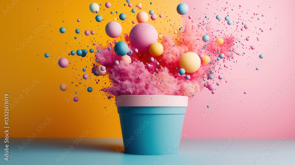 Poster a vibrant explosion of dynamic floating spheres in a whimsical surreal composition