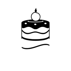 Minimalist Black and White Birthday Cake Illustration with a Single Lit Candle and Decorative Lines, Against a White Background.