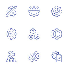 Gear icons set. Thin Line style, editable stroke. work in progress, easy installation, team, group, gears, disruption, gear, analytics