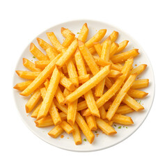 A golden french fries on a white plate on a isolated transparent background