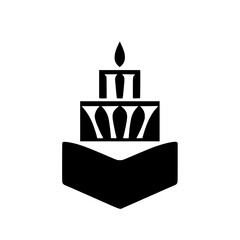 Elegant black and white vector illustration of a tiered cake with a candle on top, set against a clean white backdrop.