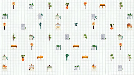 Seamless Tile Pattern Design: Modern Urban Icons in Balanced White Space for Aesthetic Appeal - Intricate Layout with Clear Repeat Elements for Photo Stock