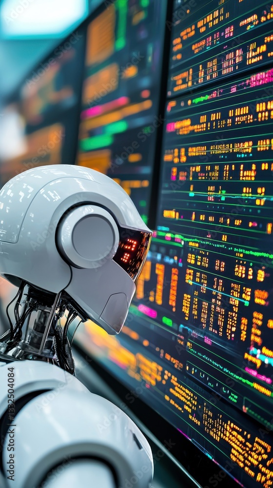 Poster futuristic robot analyzing data on high-tech digital screens