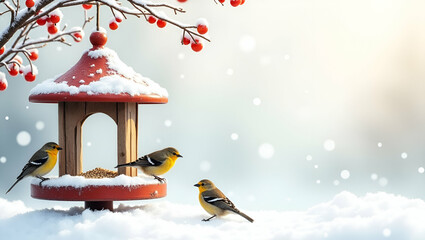 Naklejka premium Charming Winter Wonderland: Cozy Bird Feeder Surrounded by Snow with Colorful Birds in Serene Watercolor Style - A Warm Illustration Enhancing Your Frosty Garden Ambiance