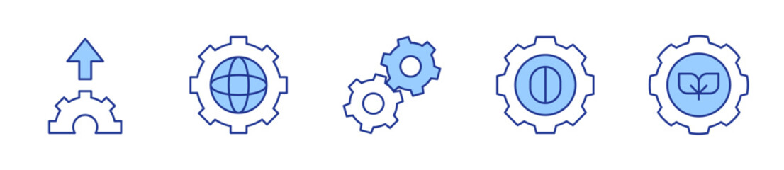 upload, gears, gear, world grid, leaves. Gear Icon vector illustration. Line Duotone style. Editable stroke