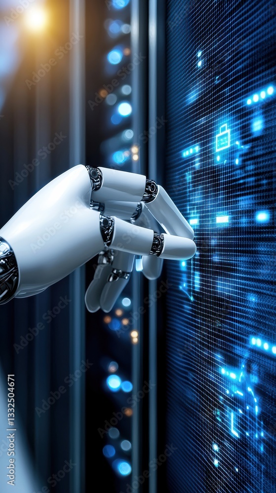 Poster robotic hand interacting with futuristic digital data display