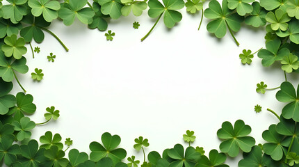 Obraz premium Traditional Celtic Cross and Vibrant Shamrocks Border Frame: Sacred Copy Space for St. Patrick's Day Messages - Perfect Photo Stock Concept with Empty Space on the Left Side