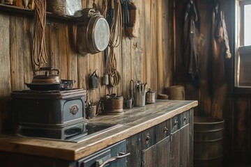 A rustic Wyoming cowboy cabin kitchen with a cast iron stove, a lasso wall, and a plank counter