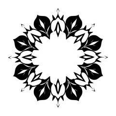 Intricate symmetrical black and white floral mandala design with sharp edges and leaf motifs on a pure white background.