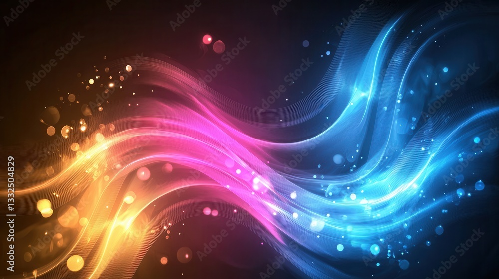 Poster intricate and dynamic glowing neon wave lines in a spectrum of warm and cool colors creating a visua