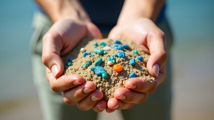 Close up side shot of hands shows microplastic waste contaminated with the seaside sand. Microplastics are contaminated in the sea. Concept of water pollution and global warming. concept as Hands hold
