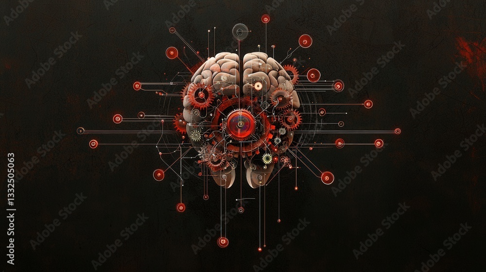 Poster an abstract brain design with gears turning and pathways connecting knowledge points.