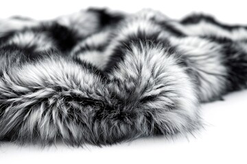 Close-up of a luxurious faux fur textile in shades of black and white, creating a soft and textured look.