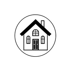 Minimalist Black and White House Icon in a Circular Frame, Illustrating Real Estate and Home Concepts.