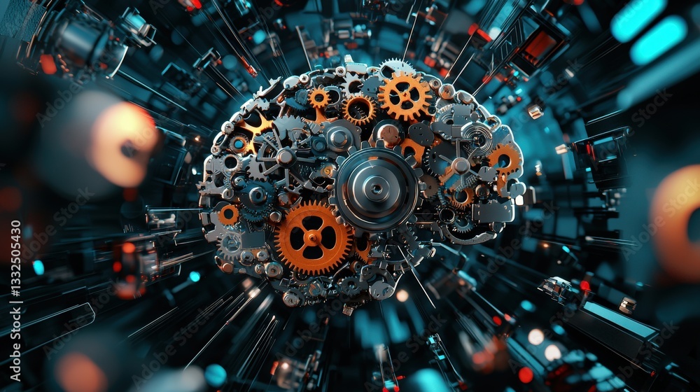 Poster an abstract brain design with gears turning and pathways connecting knowledge points.