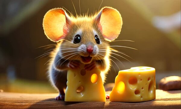 cute little mouse eat cheese animation