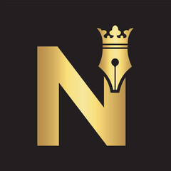 Crown Pen Logo combine with letter N
 vector template