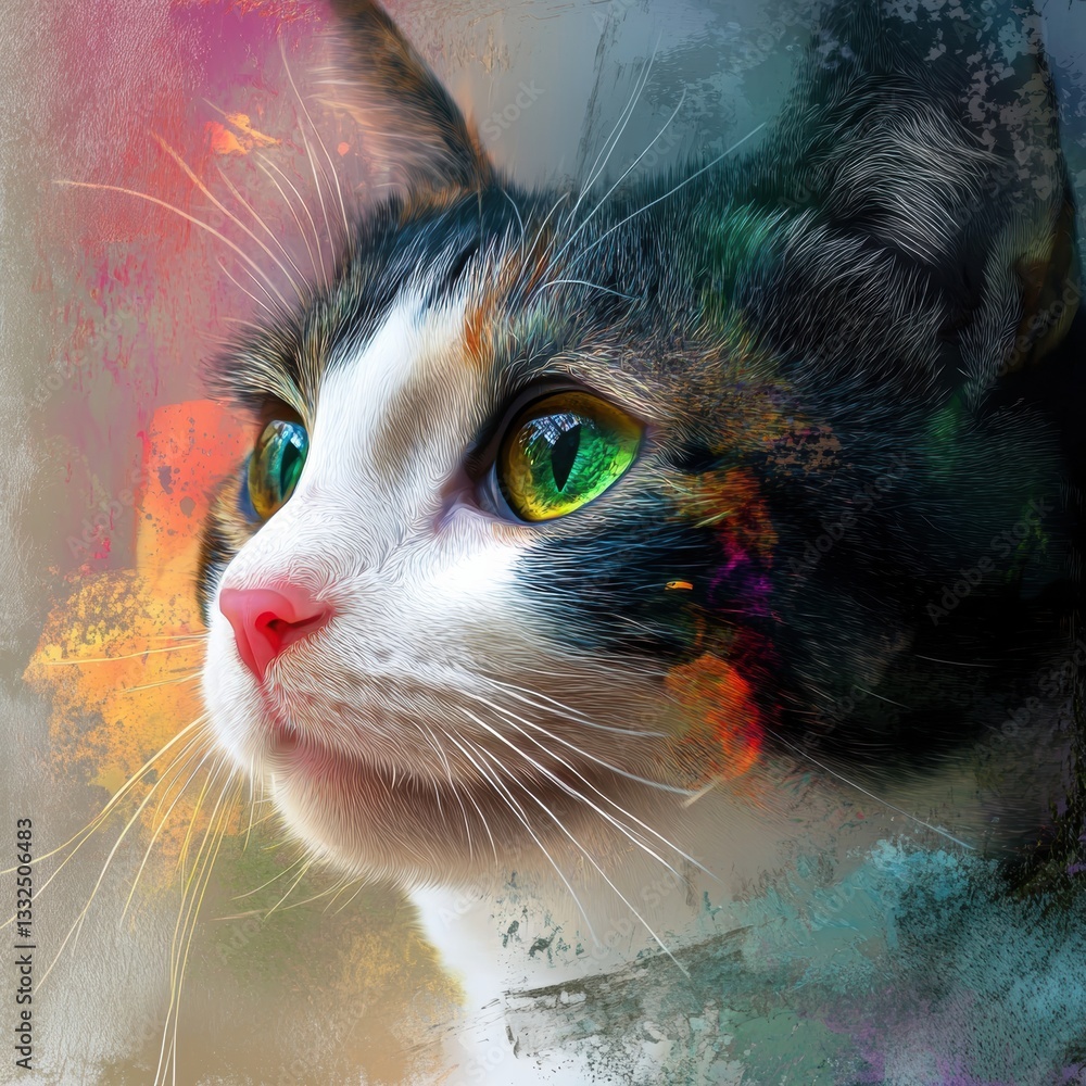 Poster artistic close-up of a cat with vibrant eyes and colorful background showcasing its unique features 