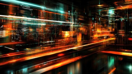Abstract digital city scene with orange and teal light streaks