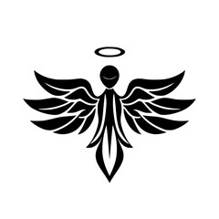 Black and white minimalist illustration of a smiling angel with large, stylized wings and a halo, in symmetrical design.