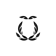 Minimalist black leaf emblem, symmetrical arrangement, botanical illustration, white background, modern logo design.