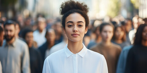 Young Woman in White Shirt Amidst Blurred Crowd