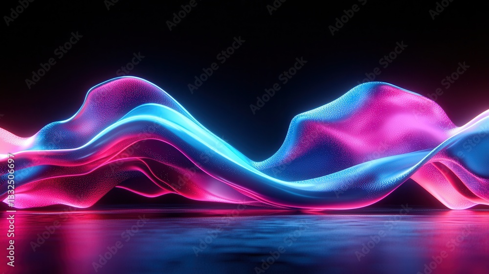 Poster mesmerizing abstract landscape of undulating neon sound waves surrounded by a hazy glow of colorful 