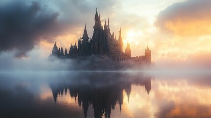 Obraz premium Mystical Castle on a Misty Lake at Sunrise