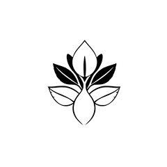 Minimalist Floral Emblem: Symmetric black & white illustration of stylized leaves, petals, and a central teardrop shape on a clean white background.