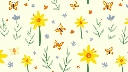 Lively Spring Colors: Seamless Tile Pattern Featuring Vibrant Easter Daffodils and Butterflies in a Cute Flat Vector Illustration for Smart Business Design