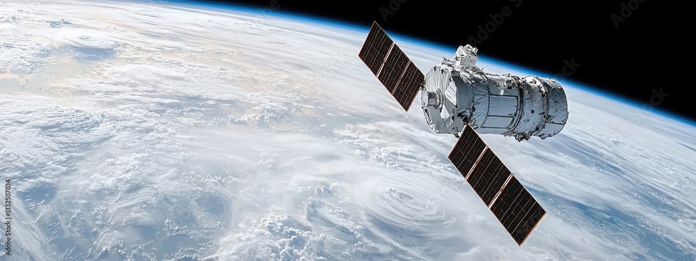 Poster satellite orbiting earth with view of clouds and atmosphere