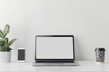 Fototapeta premium minimalist flat lay featuring sleek laptop on pristine white desk complemented by single plant stylish smartphone and