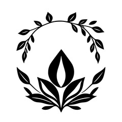 Minimalist black floral design with symmetrical petal pattern, encircled by a leafy semi-circle element, set on a white background.