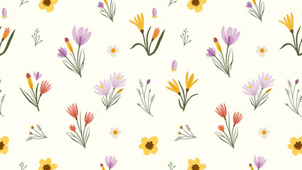Flat Fresh spring flower seamless pattern with crocuses and primroses for uplifting spaces concept as Uplifting crocuses and primroses in bright spring colors seamlessly patterned for fresh and inviti