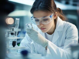 woman sciencetist testing with glass bottle in laboratory